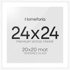 Homeforia 24x24 White Picture Frame, High End Oak 24 x 24 Square Wood Frames with Mat 20 by 20 inches Photo, 24by24 White Wooden Poster Frames Matted to 20x20 Print, Tempered Glass, Wall Kit, Set of 1