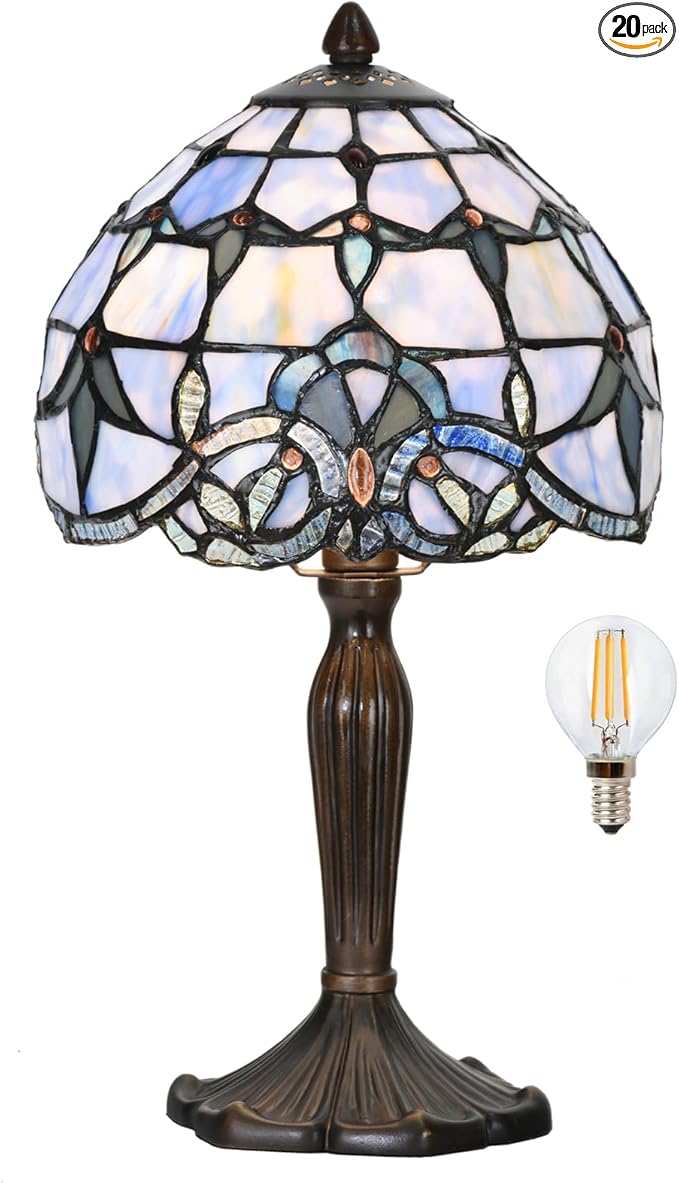TL0006 Tiffany Lamp Baroque Design Stained Glass Table Lamp for Living Room Bedroom Bedside Nightstand Home Office, 8" D x 14.25" H, LED Bulb Included (Blue Baroque)