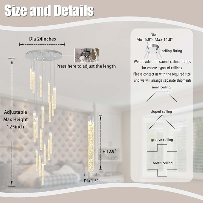 H125'' Modern Crystal Chandeliers for Entryway 18-Lights LED Dimmable Chandeliers Lighting Fixture Large Pendant Light for Staircaes Living Room Villa