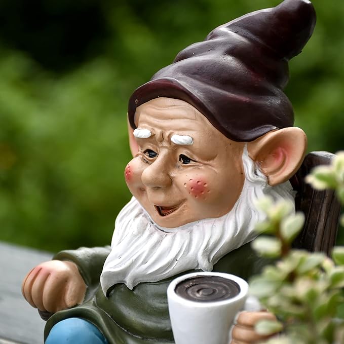 OwMell Drinking Coffee Garden Gnome Statue Decoration 7.3" Figurine Ornament for Indoor Outdoor Home Patio Yard Lawn - Coffee