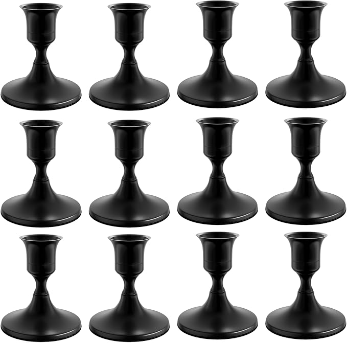 12PCS Black Taper Candle Holders Set, Vintage Metal Candlestick Holders for Dinner Room Table Centerpiece or Mantel Wedding Party Decor
