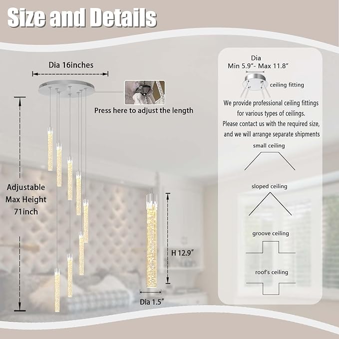 Modern Chandelier 8-Light Bubble Crystal Pendant Light Adjustable Pendant Light Fixture Crystal Chandeliers for Living Room Dinning Room Bedroom