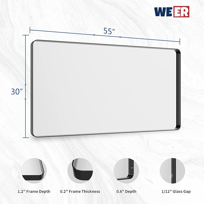 WEER Black Metal Frame Bathroom Mirror, 55x30 Inch Black Bathroom Vanity Mirror for Over Sink Wall, Rounded Rectangle Matte Black Mirror, Anti-Rust, Tempered Glass, Hangs Horizontally or Vertically
