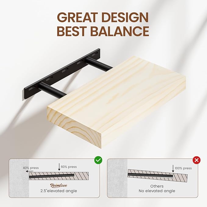 Heimlove Wood Floating Shelves for Wall,2 Packs 16 inches Natural Pine Solid Wood Bathroom Shelf Over Toilet Decor and Storage 8 inches Deep for Kitchen Bedroom Office & Living Room Wall Decor