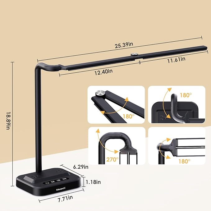 LED Desk Lamp with USB Charging Port: Eye-Care Technology - 1 Type-C, 1 USB-A Charging Port, 2 AC Power Outlets, Desk Lamps for Home Office, Study, Bedroom