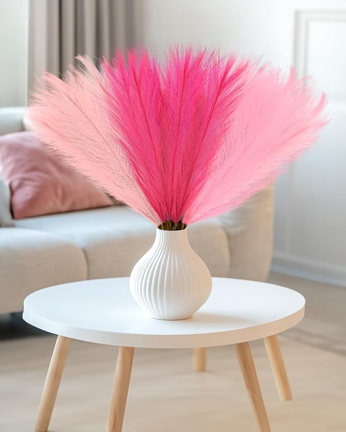 48pcs Pink Faux Pampas Grass Decor, 21.7inch Hot Pink Short Artificial Pompous Grass Fluffy Fake Pompas Grass Branches Vase Filler Flower Arrangement for Outdoors Wedding Centerpieces Decor