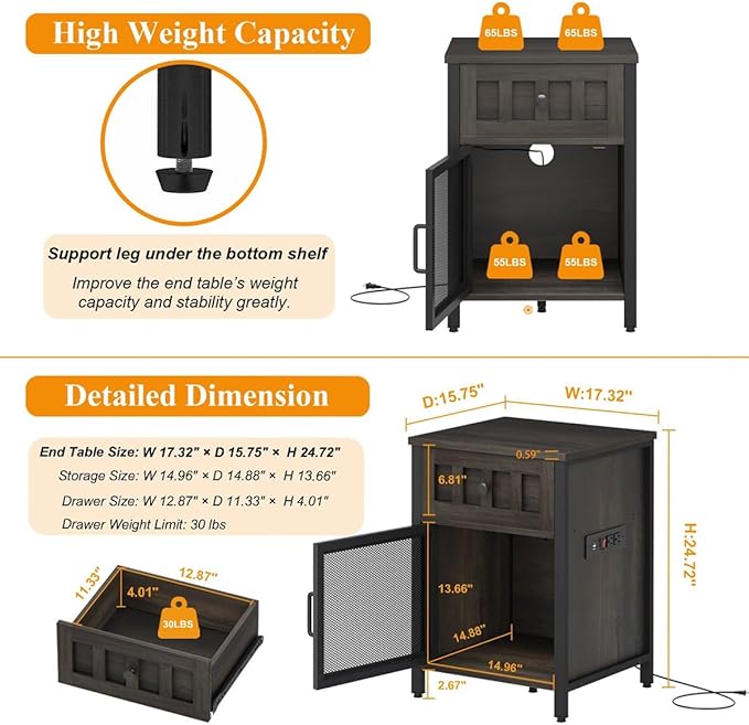 FATORRI End Table with Charging Station, Farmhouse Side Table with Drawer, Rustic Wood and Metal Nightstand and Bedside Tables for Living Room (Walnut Brown)