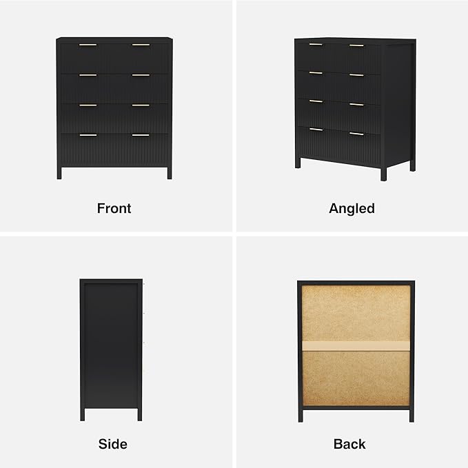 4 Drawer Dressers for Bedroom, Modern Closet Chest of Drawers with Waveform Fluted Panel, Large Wood Storage Dresser Organizer for Nursery Bedroom Living Room Hallway Closet, Black