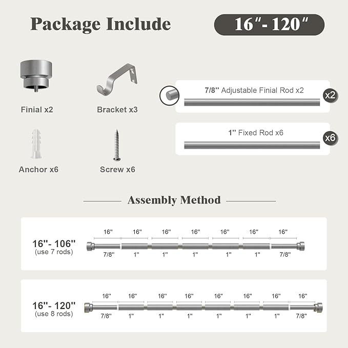 Oneach Silver Curtain Rods for Windows 66 to 120 Inch, 1 Inch Pole Adjustable Length Heavy Duty Metal Curtain Rod Set, for Outdoor Bedroom Kitchen Living Room (16 to 120 Inch)