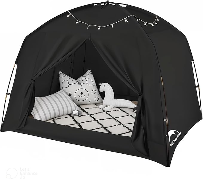 Bed Tents for Kids and Adult, Portable 100% Breathable and 93% Blackout Toddler Dream Play Tent, 3 Doors Big Privacy Space Sleeping Canopy for Floor or Twin Full Queen Sizes Bed (Black, Twin-Size)