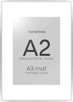 Homeforia A2 Poster Frame Silver, High End Metal A2 Picture Frames Silver with Mat A3 Print, 16.5x23.4 Frames Matted to 11.7x16.5 Photo, 16.5 by 23.5 Hanging Frames, Tempered Glass, Wall Kit, Set of 1