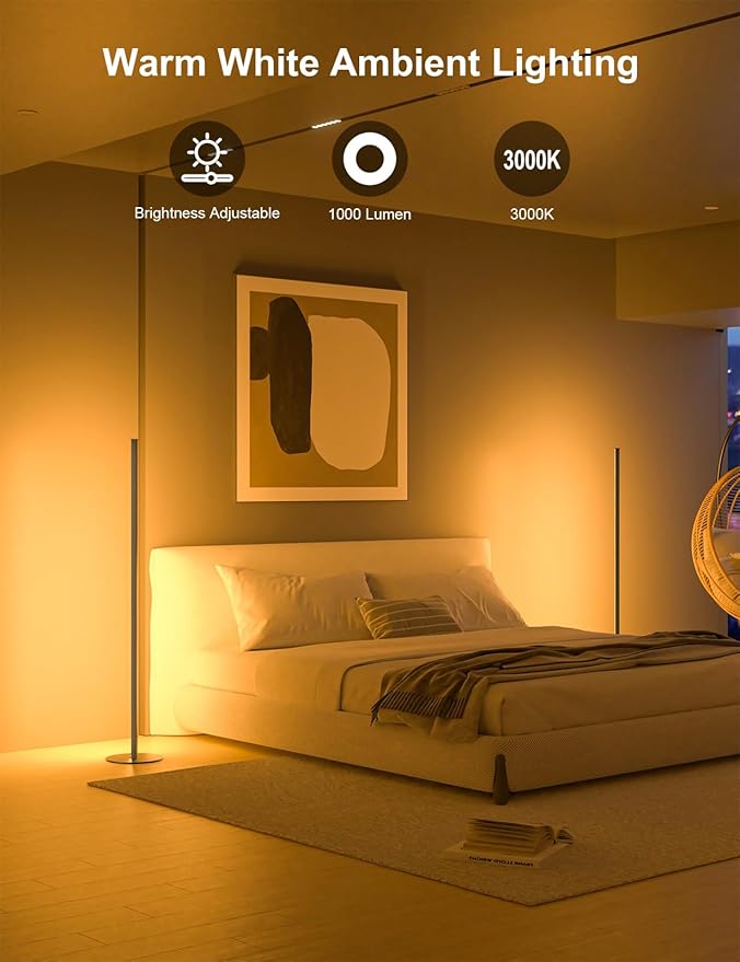 Corner Floor Lamp, 2 Pack RGB IC Corner Lamp 55" with APP Control, 16 Million Colors, Timing Function and Music Sync, Color Changing Ambient Lighting for Living Room Bedroom Gaming Room Upgraded