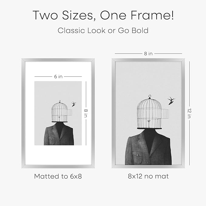 Homeforia Silver 8x12 Picture Frame, High End Metal 8 x 12 Poster Frames with Mat 6 by 8 for Photo, 12x8 Frame Matted to 6x8 inch Art, 8by12 Wall or Tabletop Frames, Tempered Glass, Wall Kit, Set of 1