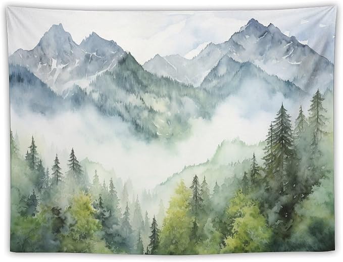 HZOHNAGO Mountain Tapestry Misty Green Forest Mountain Pattern Printed Wall Tapestry Wall Hanging for Bedroom Living Room Dorm 40" W x 30" H
