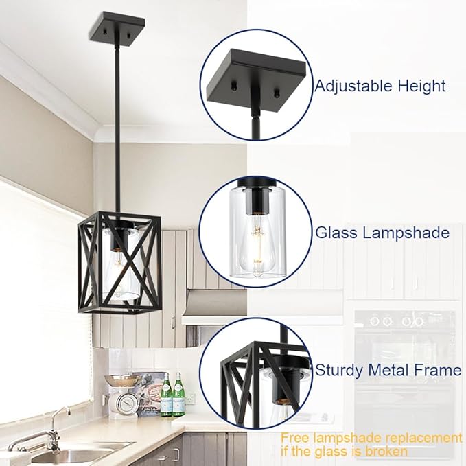 TODOLUZ 1-Light Farmhouse Pendant Light Black Cage Hanging Ceiling Lights with Clear Glass Shade for Kitchen Hallway Dining Room Foyer Bedroom