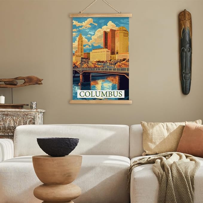 WREVERW Vintage Columbus Poster Canvas Print with Wooden Hanger Frame, Featuring Scioto River Bridge and Iconic LeVeque Tower, Wall Art for Home and Office Decor, 16x23 inches