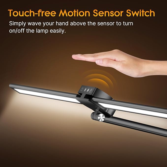 Syrinx LED Desk Lamp with Clamp, Double Head Desk Lamps for Home Office with Gesture Sensor Switch and Touch Control, 24W Eye-Caring Architect Desk Lamp with 25 Light Modes Adjustable Desk Light