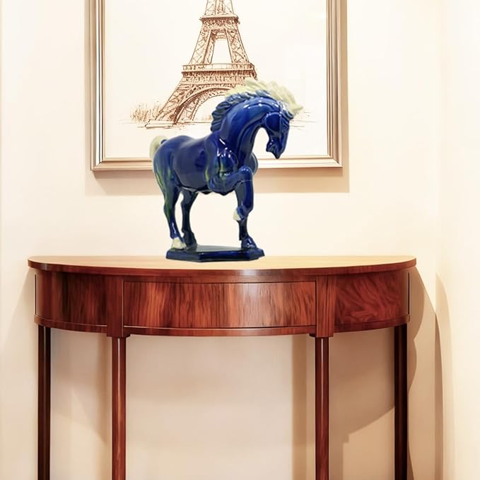 Ceramic Horse Sculpture -8 inch Hand Made Tri-Color Cultural Art Piece,Museum Collection Inspired Home and Office Decor (Blue)