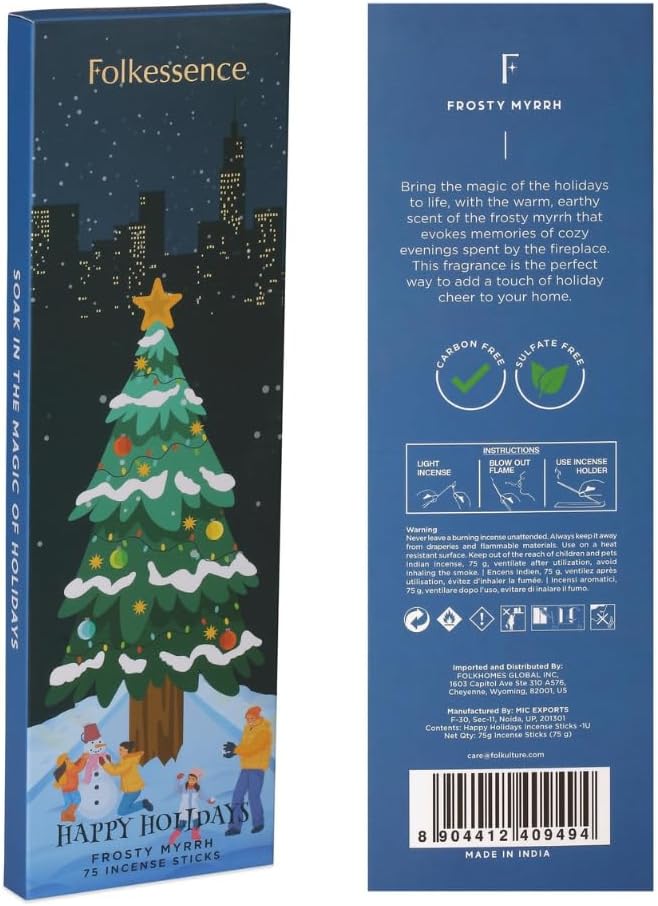 Folkulture Incense Sticks | Pack of 75 Natural and Non Toxic Incents for Meditation & Spiritual Practice at Home | Organic Aromatherapy Box Inscents-Sticks (Happy Holidays)