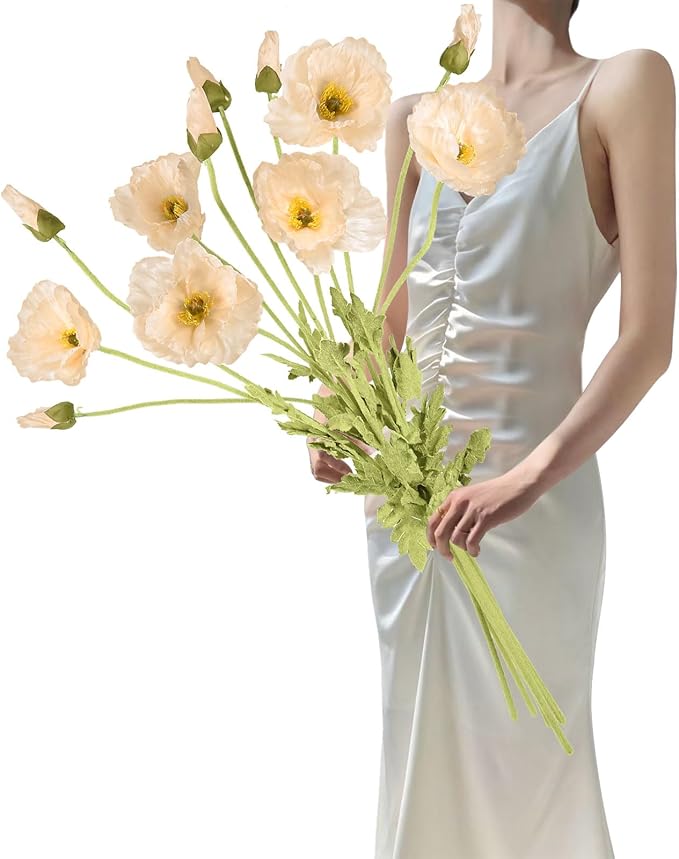 IPOPU 43.3" Poppy Flowers Artificial Flowers 6PCS Fake Silk Poppies Long Stem Artificial Flowers for Tall Vase for Wedding Party Home Decor(Champagne)