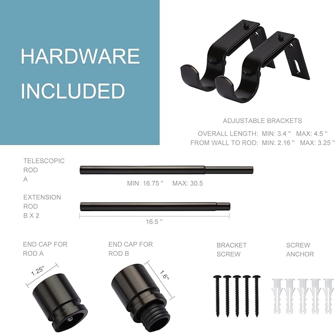Curtain Rods for Windows 16 to 48 or 60 Inches Max Adjustable Length 1 Inch Diameter Window Curtain Rod with Aluminium End Cap, Antique Bronze