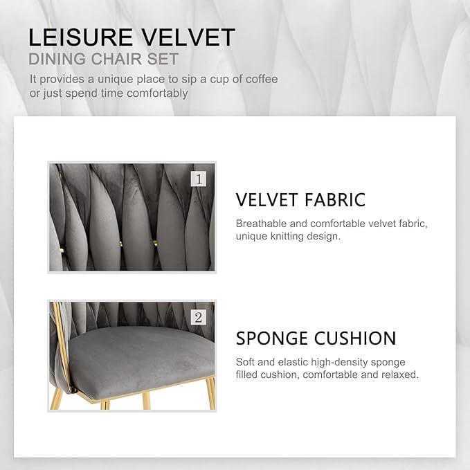 Nrizc Woven Dining Chairs Set of 2, Velvet Upholstered Dining Chairs with Gold Metal Legs, Modern Accent Chairs for Living Room, Dining Room, Kitchen (Grey)