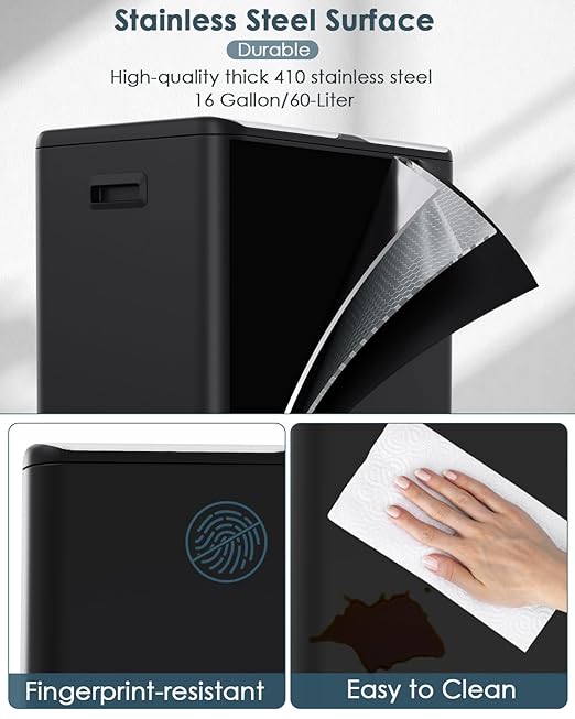 Arlopu 16Gal Dual Trash Can w/2 Built-in Box for Odor Control, Hands-Free Kitchen Garbage Bin, Recycle Waste Dustbin, Soft-Close Lid, 2 Buckets,Foot Pedal, Side Handle, Airtight,for Home Office