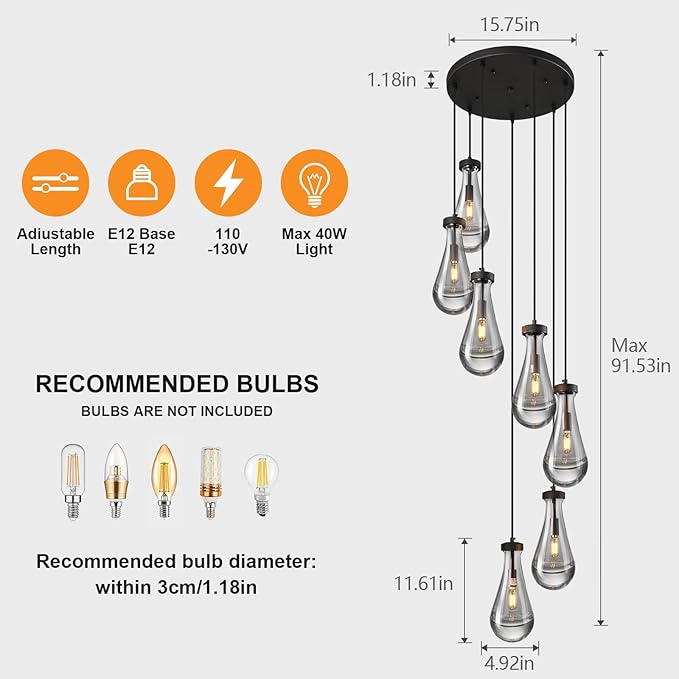 Raindrop Pendant Lights Kitchen Island Teardrop Black Hanging Light Fixtures Clear Solid Glass Pendant Light Modern Chandeliers for Dining Room Porch Corridor Living Room(7-Light)