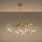 9-Light Gold Glass Chandelier, Adjustable Height Dining Room Light Fixtures Over Table, Contemporary Hanging Chandelier for Kitchen Island Living Room Foyer Office, Clear Glass Shade