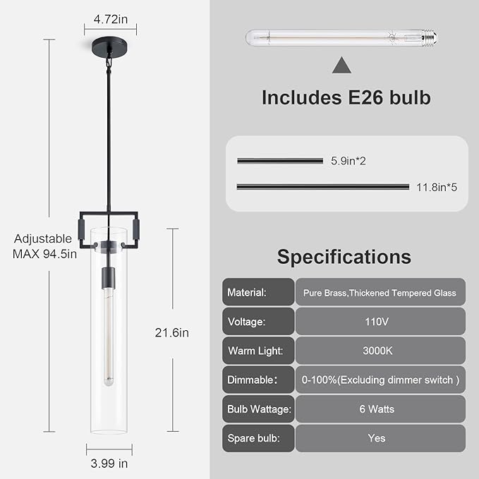 Modern Black Kitchen Island Pendant Light,21.6'' 1-Light Glass and Brass Island Pendant Lights,Farmhouses Pendant Light, for Kitchen,Dining Room,Bathroom