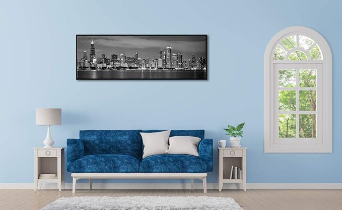 Wieco Art Framed Wall Art Chicago City Center Skyline Black and White Wall Decor Canvas Prints Modern Cityscape Wall Decorations for Living Room Pictures for Bedroom Decorations