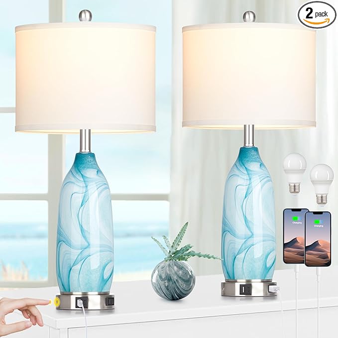 26" Coastal Table Lamps Set of 2, Modern Table Lamps with USB A+C Ports & AC Outlet, Touch Control Glass Bedside Nightstand Lamp with Night Light for Living Room Bedroom End Table Blue(Bulbs Included)
