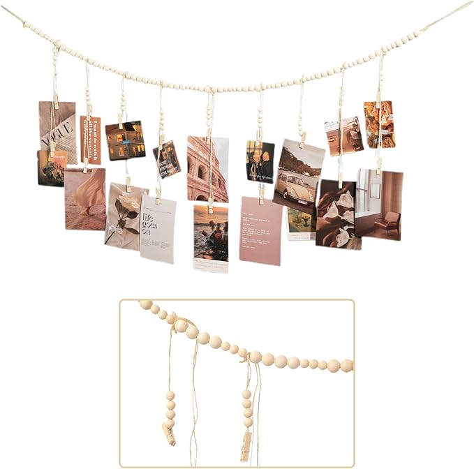Hanging Photo Display with 18 Wood Clips, Boho Wooden Bead Wall Décor for Bedroom, Living Room, Dorm, Kids Art Picture Display