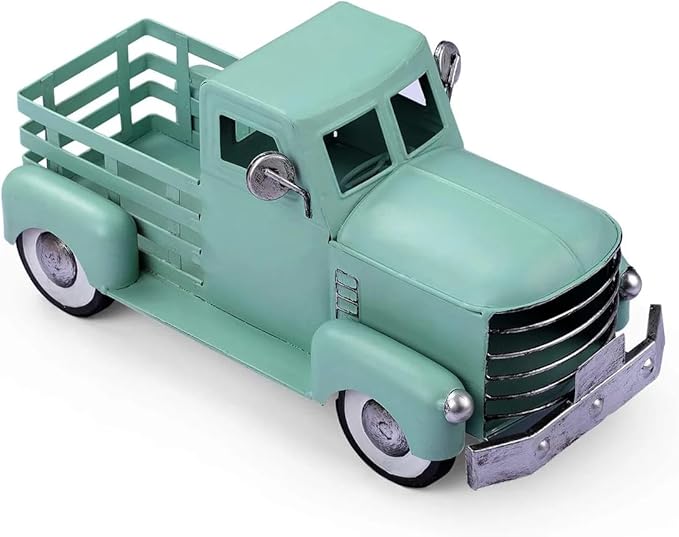 Metal Truck Decor,Farmhouse Truck Decor,Decorative Tabletop Storage & Pick-up Metal Truck Planter,12.5" x 5.75" x 6.25" inches (Green)