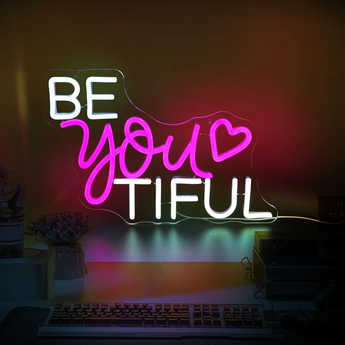 Be You Tiful Neon Sign, JGHTURIE Pink Led Neon Signs for Wall Decor Light Up Sign Preppy Girls Room Salon Party Gift Decor USB Powered
