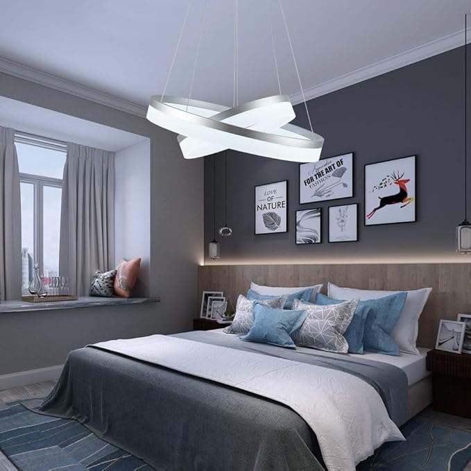 LED Silver Chandeliers Modern Pendant Light, 2 Rings Dimmable Chandelier Lighting Fixture for Living Room Bedroom Kitchen Island Resturant Dining Room 6000K Cool White