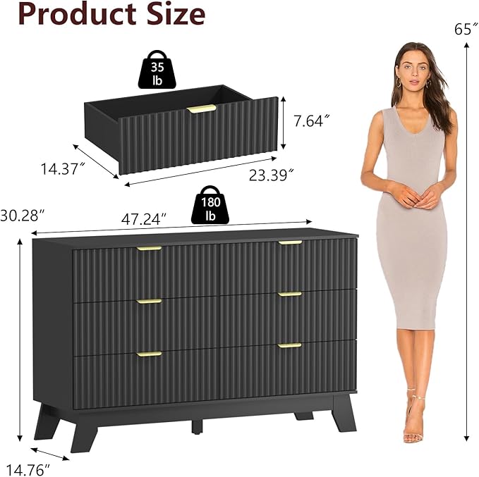 Fluted Dresser for Bedroom,6 Drawer Dresser for Closet,Storage Cabinet and Chest of Drawers with Gold Handle,TV Stand,Storage Organizer for Living Room,Hallway,Entryway,Black