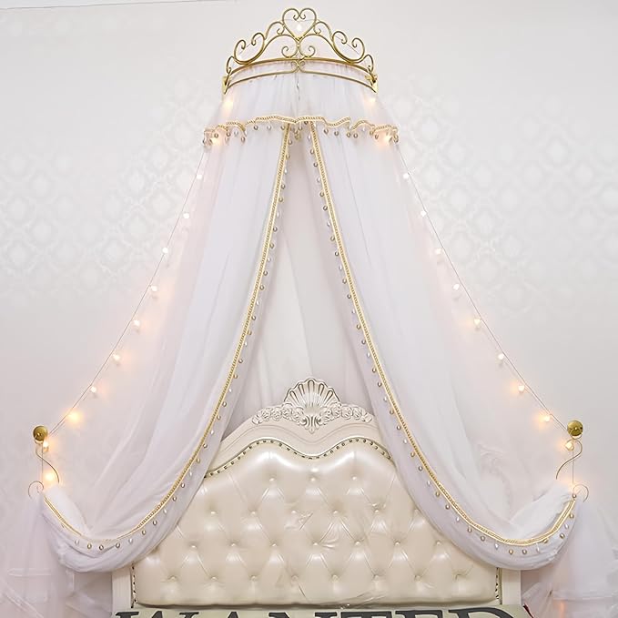 Girl Bed Curtain Princess Crown Mosquito Netting Children Room Decor Bedside Yarn Net Romantic Princess Tents Bed Canopy Valance (White)