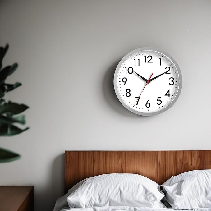 Wall Clock Modern Battery Operated 10 Inch Simpel Silent Non Ticking Decorative for Kitchen Office Outdoor Bedroom Living Room School Classroom(Silver)