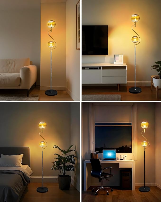 Lightdot Gold & Black Floor Lamp, Mid Century Standing Lamps with Globe Teaed-Strip Glass Shade Soft Warm White Eye Care 3000K Bulbs Included, Modern Tall Floor Lamp for Living Room Bedroom