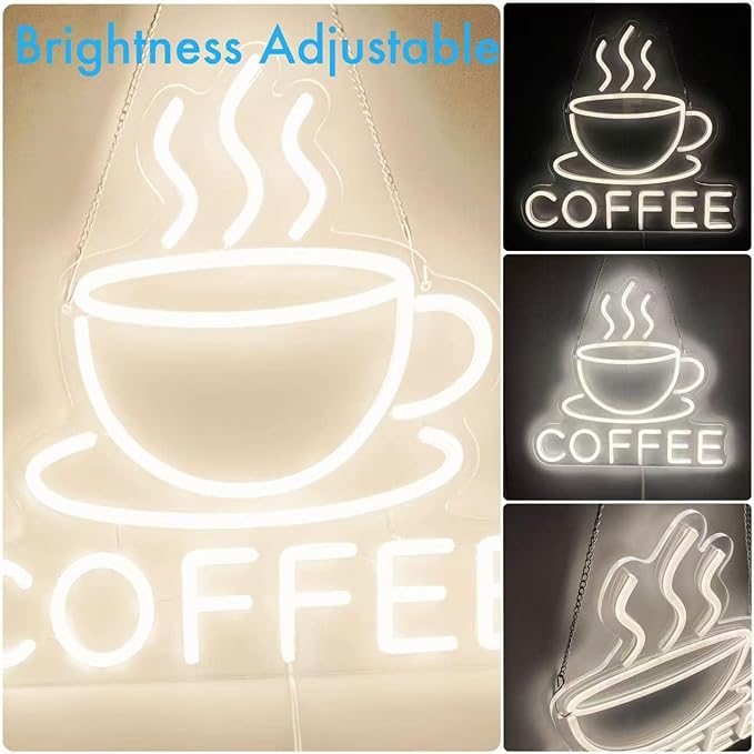 COFFEE Neon Sign in Warm White for Café, Restaurant, or Office Decor – Minimalist LED Wall Light – USB Powered Light-Up Coffee Sign for Business or Home