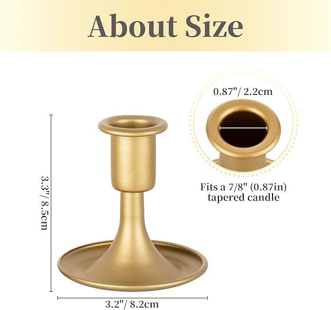 Gold Taper Candle Holder Set of 2, Hewory Short Skinny Brass Candlestick Holders, Vintage Small Low Metal Candles Sticks for Wedding Centerpieces Christmas Birthday Party Holiday Dinning Table Decor