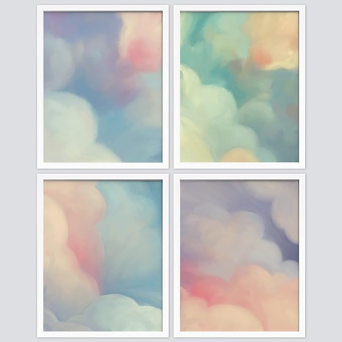 SIGNWIN Framed White Pastel Watercolor Rainbow Sky Clouds Wall Art, Set of 4 Abstract Geometric Wall Decor Prints, Nature Wilderness Wall D¨¦cor for Living Room, Bedroom - 12"x16" White