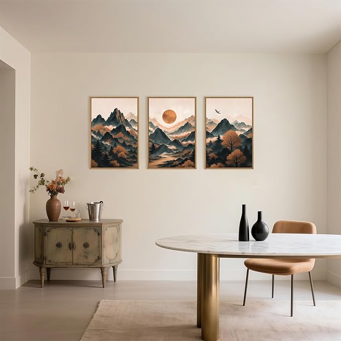 Celestdeco Large Boho Mountain Framed Canvas Wall Art Set, Brown Ridge Landscape Wall Decor, Pine Tree Scenery Wall Painting, Abstract Wilderness Art Print for Living Room, Bedroom, Office - 24"X36"X3