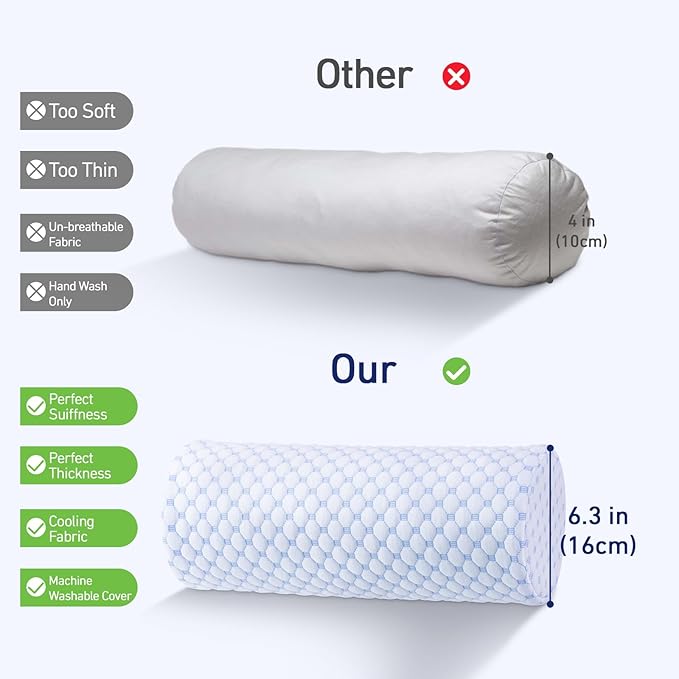 Neck Roll Pillow with Cooling Pillowcase - 16 x 6.3 Inch Round Neck Pillow for Sleeping - Memory Foam Bolster Pillow for Legs, Cylinder Pillows for Cervical, Back, Lumbar (Cool Blue)