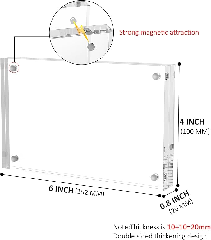 Acrylic 4x6 Picture Frames 4 Pack, Magnetic Photo Picture Display Frames 6 x 4, Double Sided Frameless Desk Picture Frames for Office, UV Protection