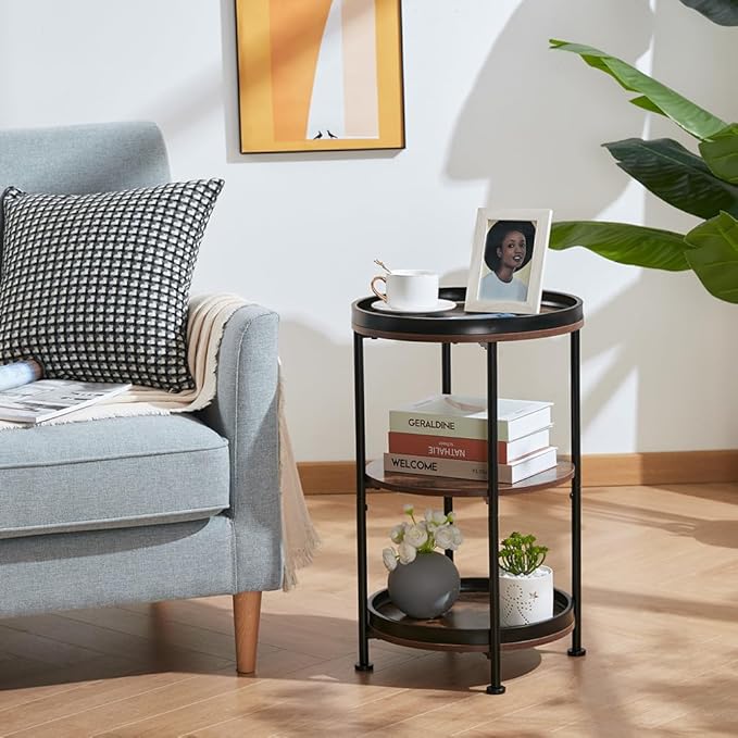 Dulcii Side Table, Round End Table with 3 Storage Shelves for Living Room, Bedroom, Nightstand with Steel Frame for Small Spaces, Industrial Round Sofa Table, Outdoor Accent Coffee Table, Rustic Brown