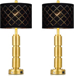 Set of 2 Modern Table Lamps for Living Room Bedroom,29" Tall Bedside Lamp with 2 USB Port,Gold Metal Touch Nightstand Lamp with Black Grid Shade for End Table Entryway,Gold