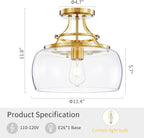 WUZUPS Chandelier Rustic Farmhouse Industrial Round Semi-flushmount Ceiling LED Light Fixture with Clear Glass Shades for Bathroom Kitchen Foyer Entryway, H 11.8" x W 13.4", E26 Base, Brushed Gold