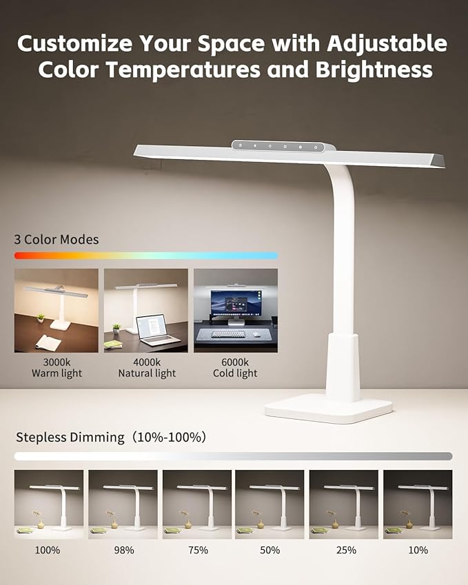 LED Desk Lamp for Home Office with Base, Dimmable Eye-Caring Computer Light with Memory & Timer Functions, Flexible Gooseneck Touch Control Architect Desk Light for Reading, Study, Workbench (White)